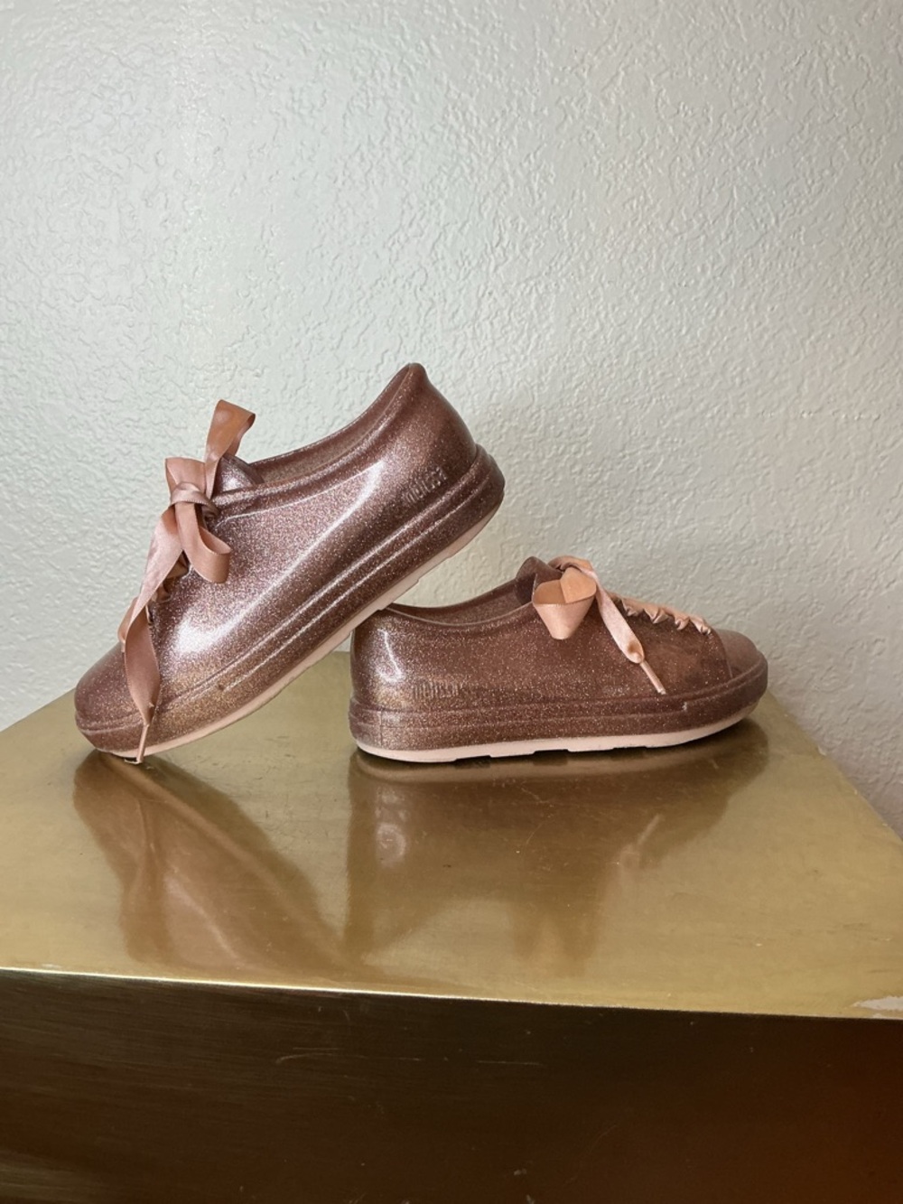 Melissa Rose Gold Glitter Platform Sneakers with Satin Ribbon Laces